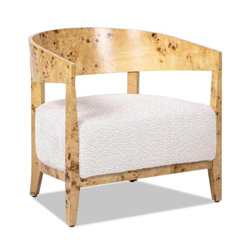 Jennifer Taylor - Madrid 26.5 in. Burl Wood Barrel Accent Arm Chair in Seashell White Chenille
