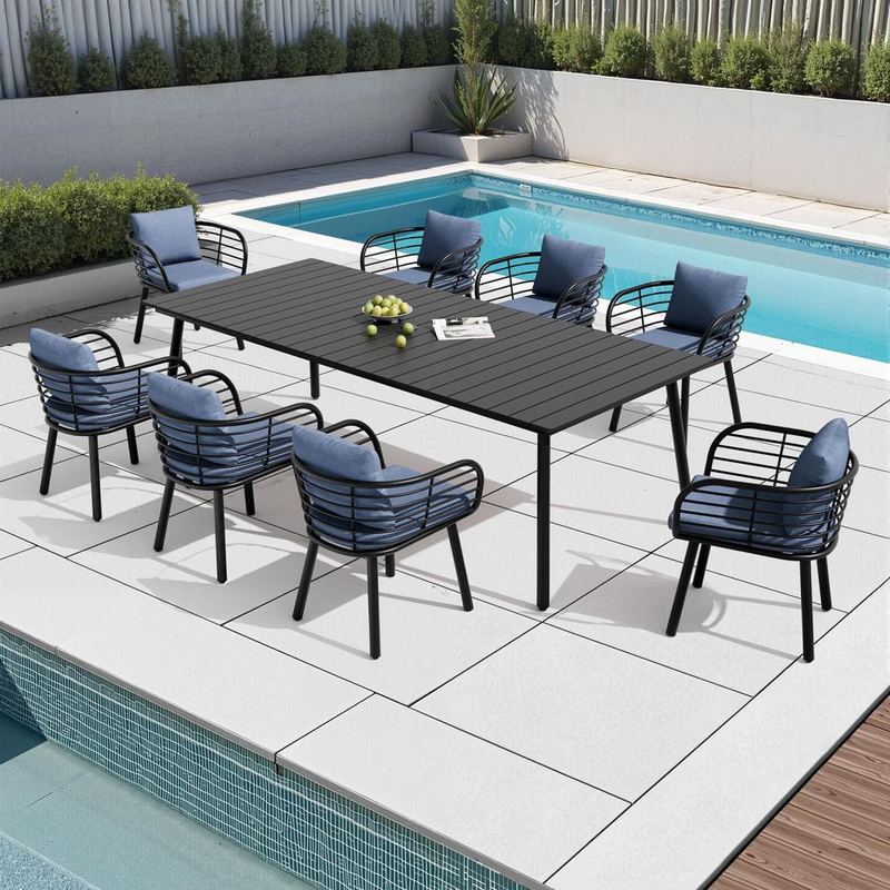 Pellebant - Black 9-Piece 94 in. Aluminium Wood-Like Outdoor Dining Set with Umbrella Hole, Sunbrella Spectrum Denim Cushions