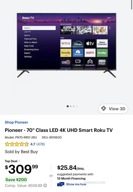 $509.99 PIONEER 70” 4K UHD SMART ROKU TV FOR $309.99