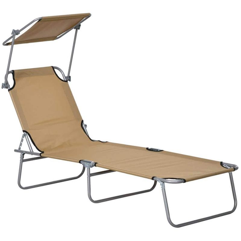 Otryad - Tan Metal Outdoor Chaise Lounge, Adjustable Folding Chaise Lounge, Tanning Chair with Sun Shade for Beach, Camping