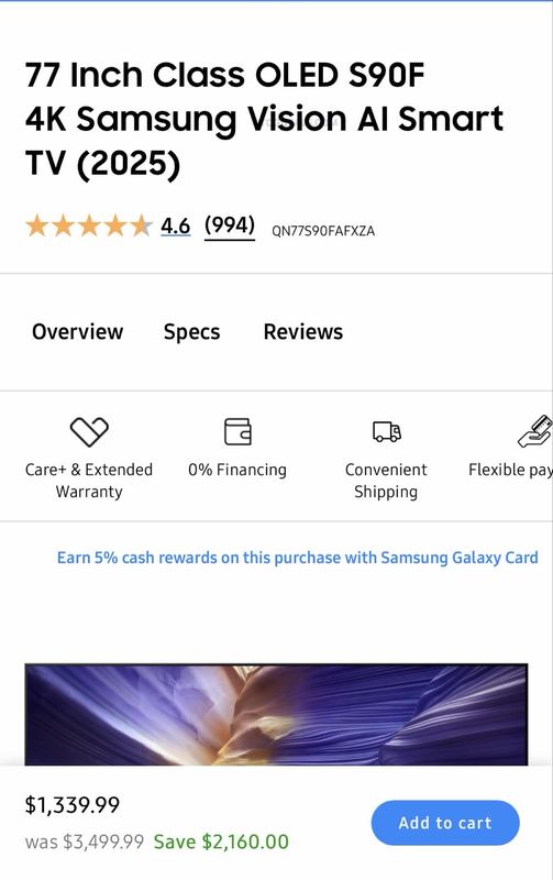 77" SAMSUNG S90F OLED TV — $1,339.99 EPP