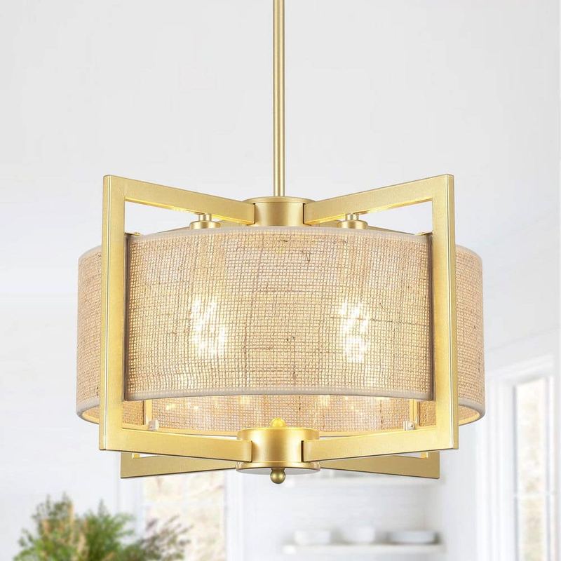 ZJVAIVE - 17.72 in. 4-Light Fabric Shade Drum Gold Chandelier Height Adjustable Candle Style Chandelier