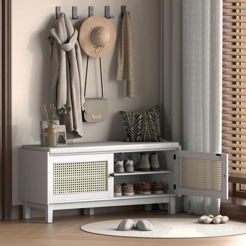 Harper & Bright Designs - White 43.1 in. Storage Bench with Removable Beige Cushion, 2 Rattan Door Cabinet for Entryway, Bedroom, Living Room