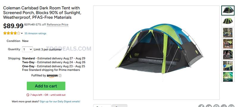 $89.99 COLEMAN CARLSBAD DARK ROOM TENT