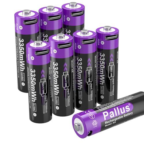 Pallus USB Rechargeable Lithium Batteries AA - 1.5v Rechargeable AA Batteries with Charging Cable, Long Lasting, Multiple Security Protections, Constant Output, Recharge up to 1600x Times (8 Pack)