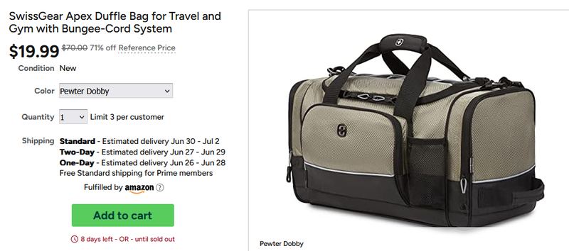 $20 SwissGear Apex Duffle Bag