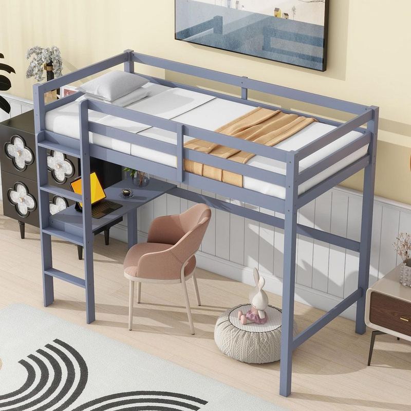 Qualler - Gray Twin Size Wood Loft Bed with Safety Guardrail and ladder