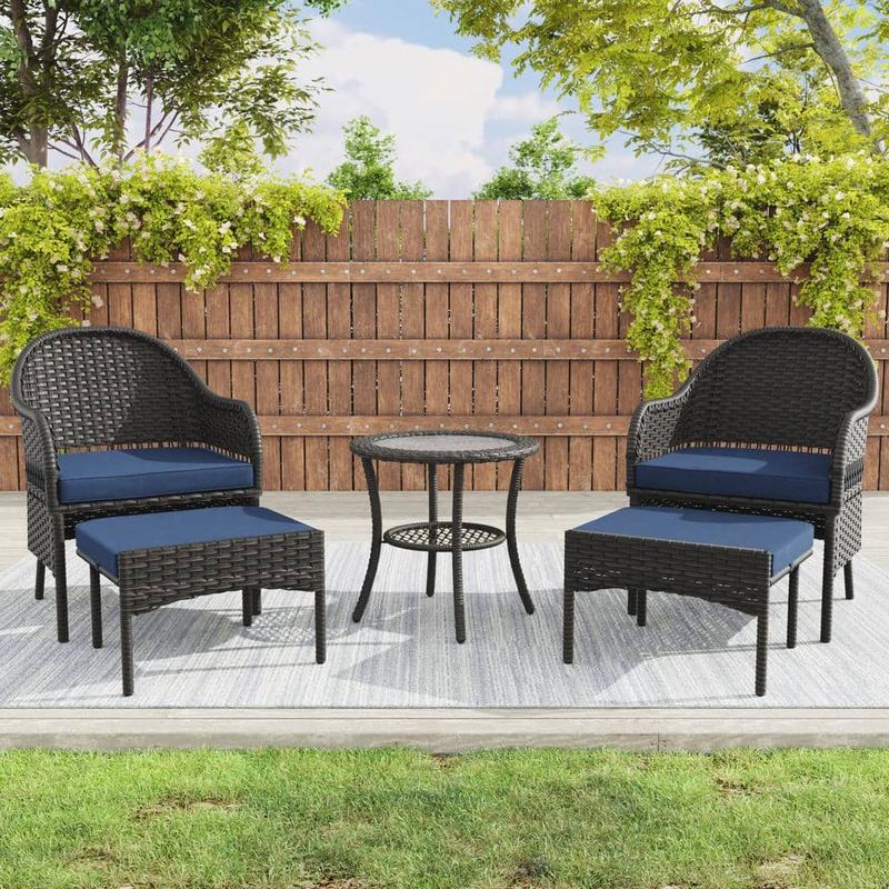 Gardenbee - 5-Piece Wicker Outdoor Patio Conversation Lounge Chair Set with Blue Cushions, Ottomans and Side Table