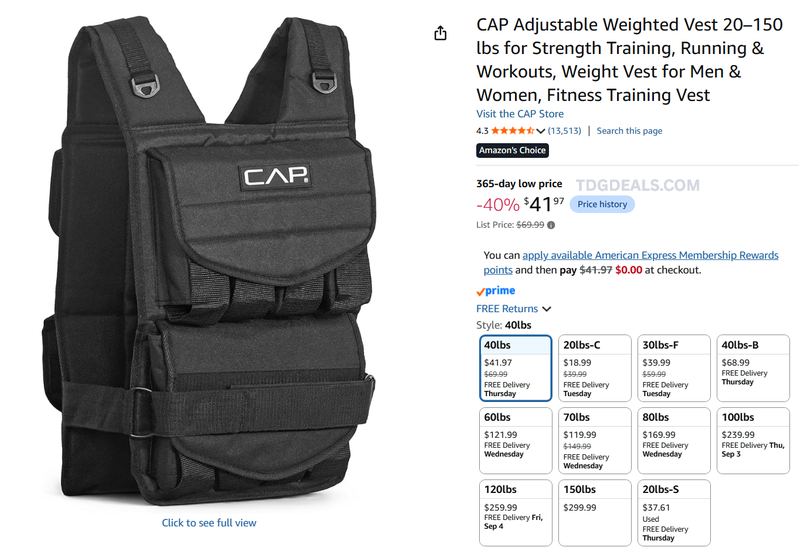 CAP ADJUSTABLE WEIGHTED VEST 40LB — $41.97
