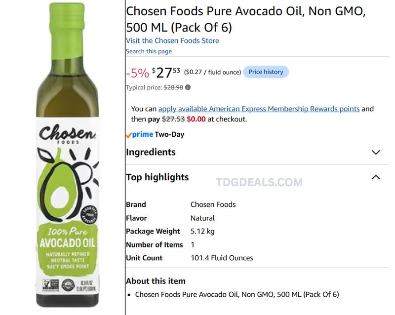 CHOSEN FOODS AVOCADO OIL 6-PACK — $27.53
