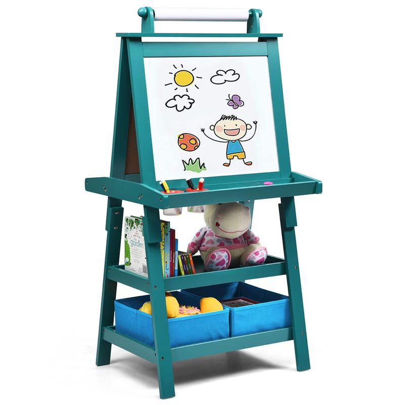 Gymax - 3 in 1 Double-Sided Storage Art Easel w/Paint Cups for Kid Writing - Teal Frosting
