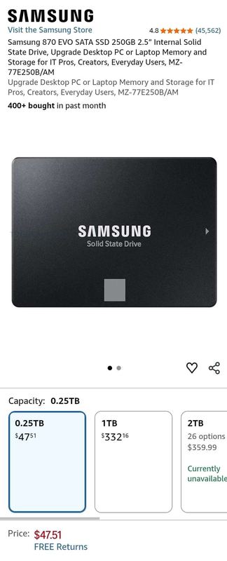 SAMSUNG 870 EVO 250GB SSD — $47.51