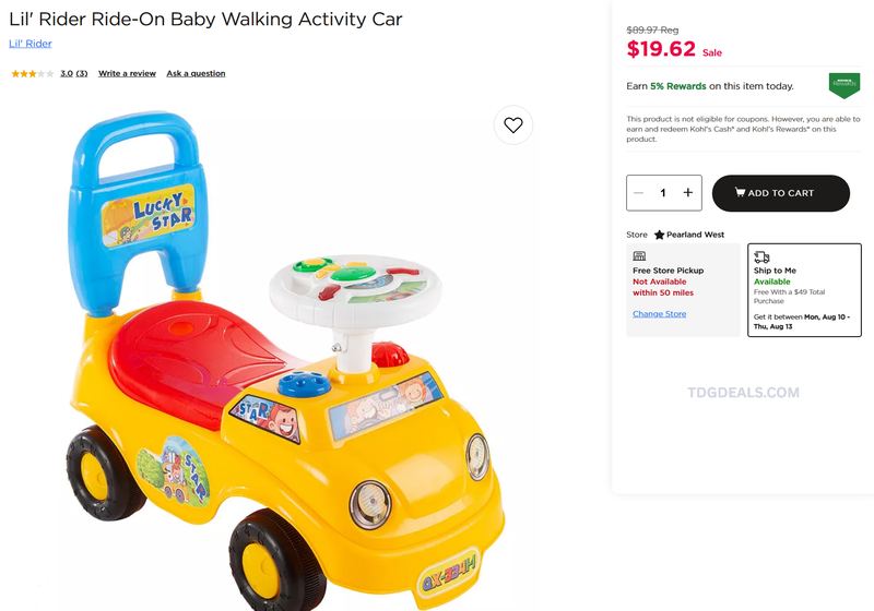 LIL' RIDER RIDE-ON BABY WALKING ACTIVITY CAR — $19.62