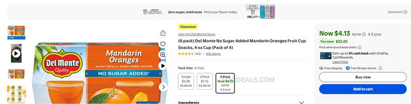 6-Pack Del Monte No Sugar Added Mandarin Oranges Fruit Cups for $4.13 at Walmart