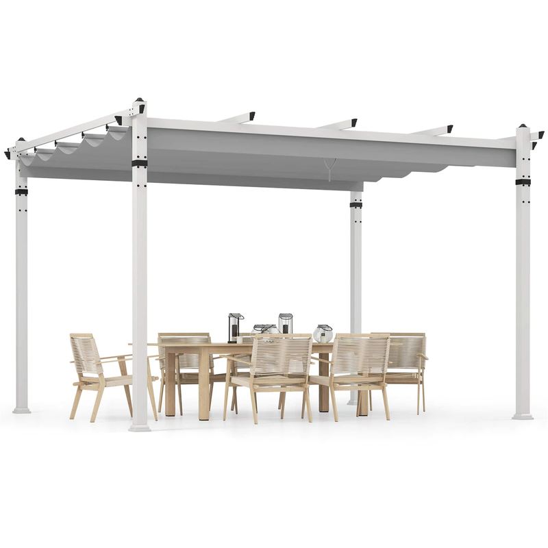 Gymax - 12' x 10' Outdoor Pergola w/ Retractable Canopy Aluminum Frame Anchors Patio Grey - Grey, White