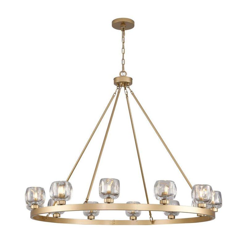 PUYRNF - 12 Lights 48 in. Dimmable LED Wagon Wheel Gold Chandelier with Glass Shade for Dinning Room Kitchen Island Foyer