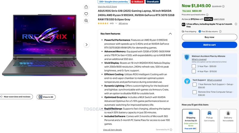 ASUS ROG Strix G18 Gaming Laptop — $1,849 at Walmart (was $2,699.99)!