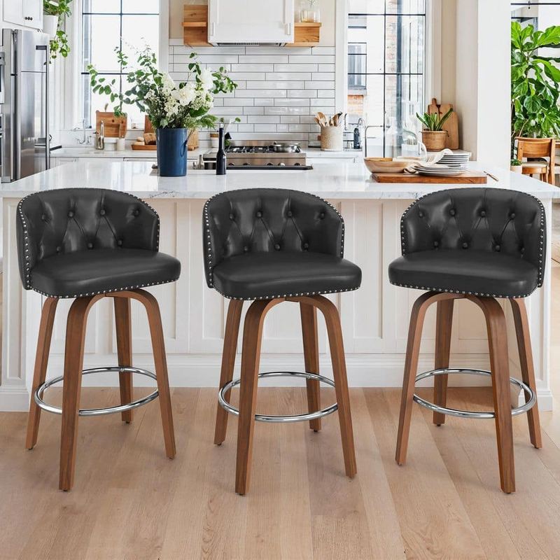 OrangeOne - Wei 35 in. Height Black Faux Leather Counter Height Solid Wood Leg Swivel Bar stool (Set of 3)