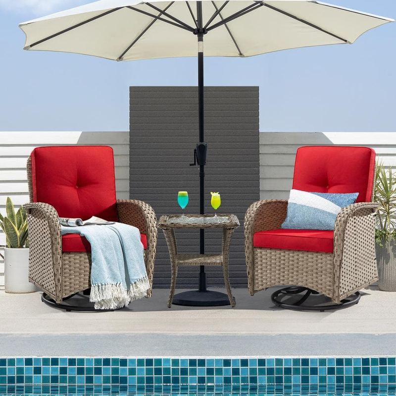 Gardenbee - 3-Pcs Light Brown Wicker Outdoor Rocking Chair Patio Conversation Set Swivel Chairs with Red Cushions and Table