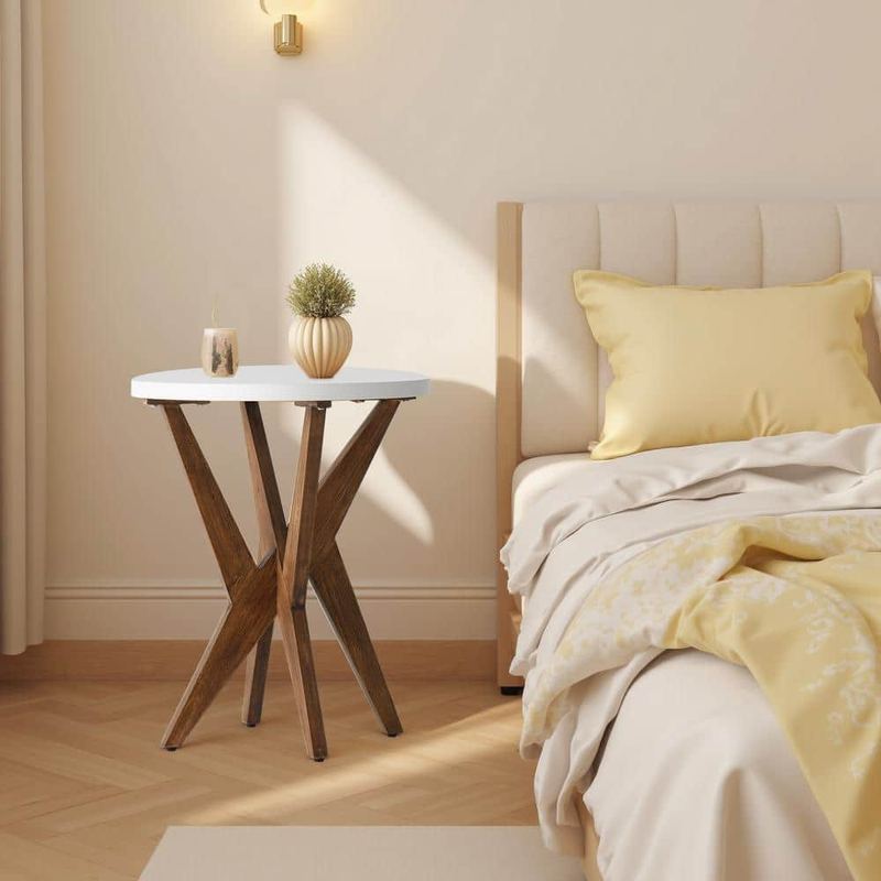 Ahokua - Modern 20 in. White Round MDF End Table with Crossed Legs and Sturdy 4-Leg Base for Living Room, Balcony, Small Spaces