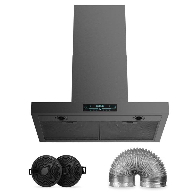 Velivi - 30 in. 900 CFM Smart Convertible Ductless Wall Mount Downdraft System Range Hood in Black Stainless Steel with Remote