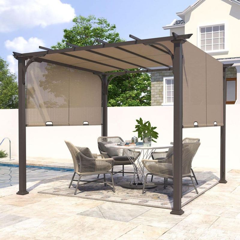 EAGLE PEAK - 10 ft. x 10 ft. Brown Steel Flat Pergola with Brown Shade Canopy