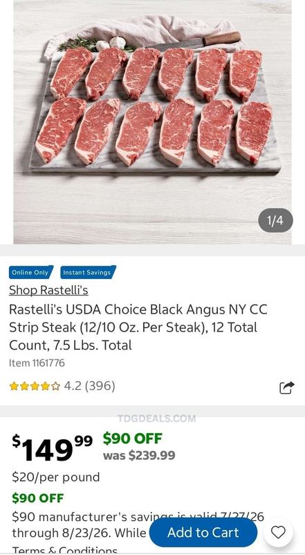 $239.99 RASTELLI’S USDA CHOICE BLACK ANGUS NY STRIP STEAK 12-PACK for $149.99