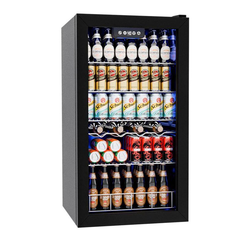 Buymee - 17.72 in. Single Zone 150-Cans Beverage and Wine Cooler Fridge in Black Stainless Steel, Frost Free, See-Thru Door