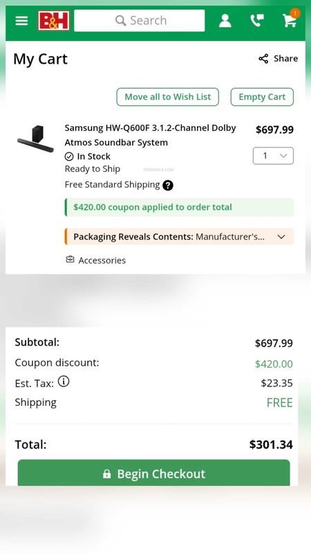 $697.99 SAMSUNG HW-Q600F 3.1.2-CHANNEL DOLBY ATMOS SOUNDBAR for $277.99