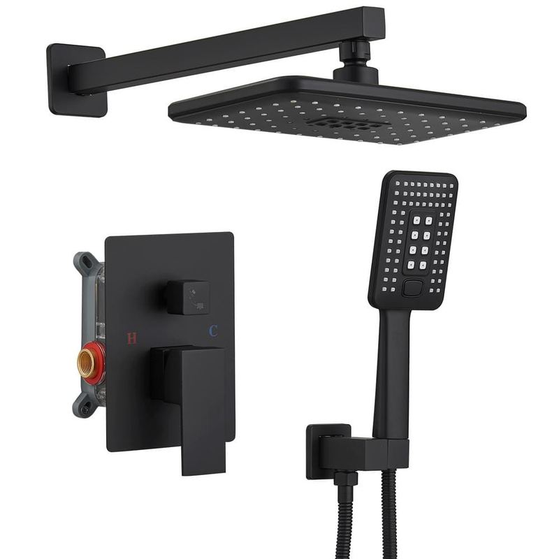 BWE - Single Handle 2-Spray of Rain Shower Head System Shower Faucet 2.5 GPM with High Pressure in Matte Black(Valve Included)