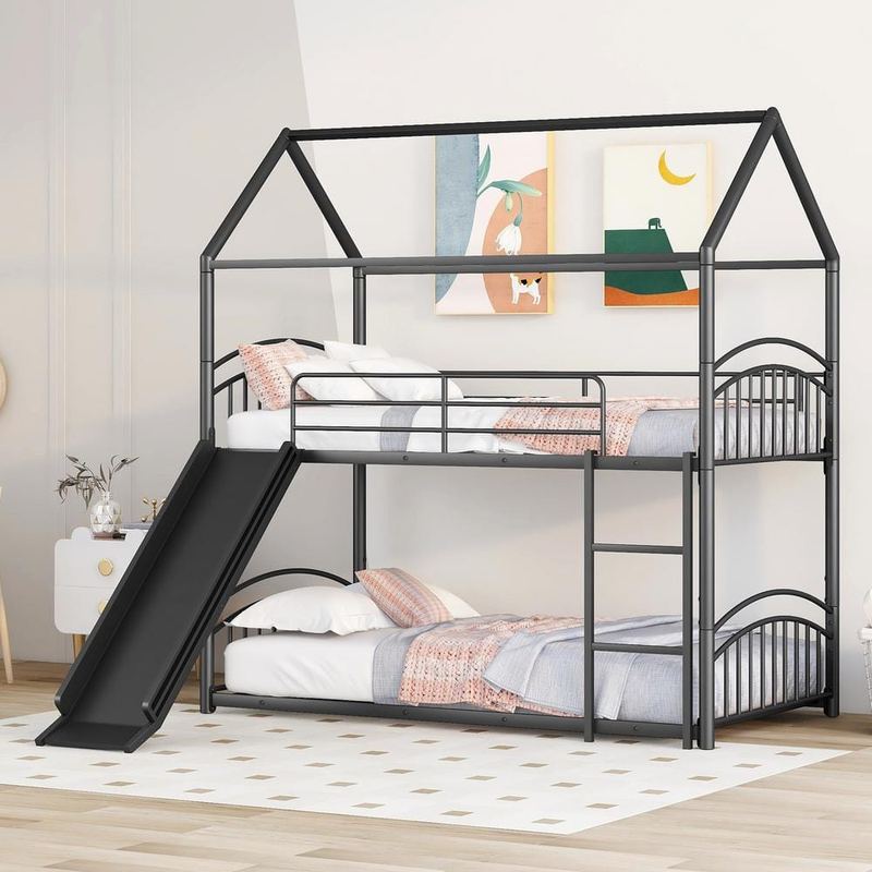 Harper & Bright Designs - Black Twin over Twin Metal Bunk Bed with Slide and Ladder