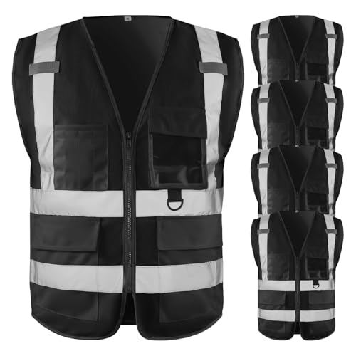 Wuple High Visibility Safety Vest for Men ，Class 2 Hi Vis Vest with Pockets, Reflective Vest for Construction Work, Volunteer, Cycling, Black L 5 Pack