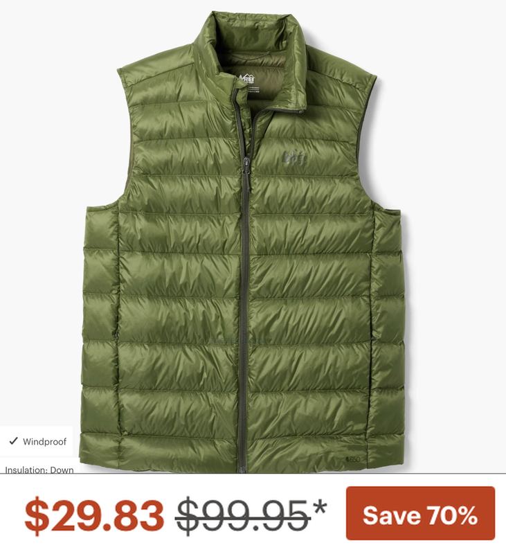 $99.95 REI CO-OP 650 DOWN VEST DROPPED TO $29.83