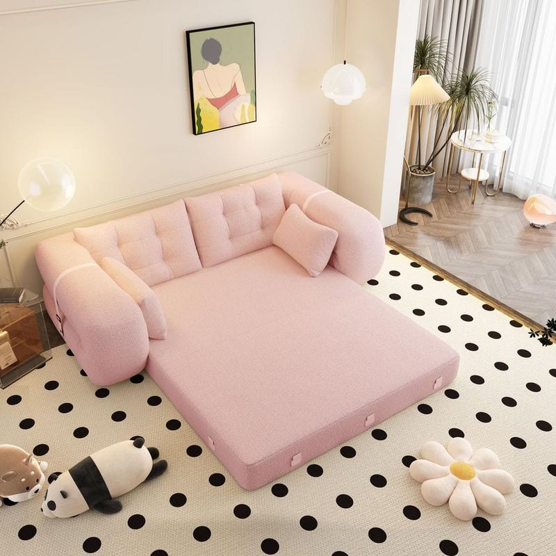 Qualler - 78.7 in. Straight Arm Teddy Fabric Rectangle 3-in-1 Multi-Functional Foldable Sofa in Pink