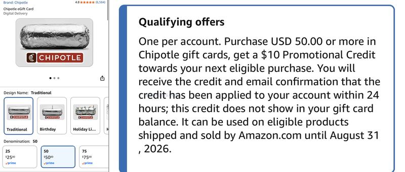 Amazon is offering a $10 promotional credit when you buy a $50 Chipotle eGift Card.