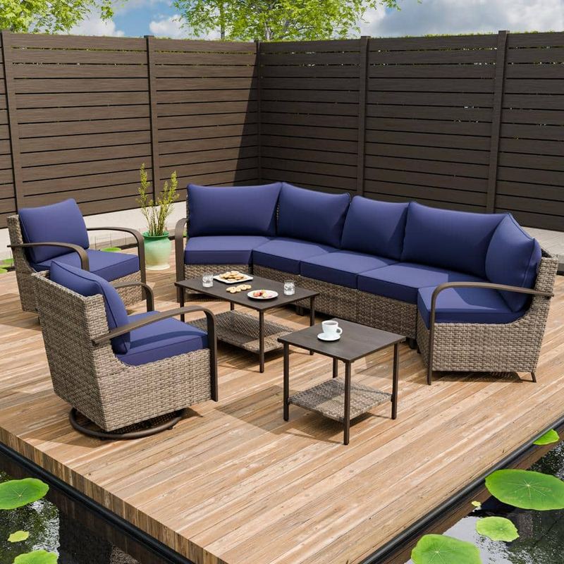 EAGLE PEAK - 9-Piece Wicker Patio Conversation Sectional Seating Set with Swivel Rocking Chair, Blue Cushions