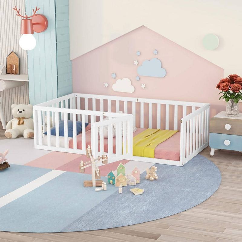 Harper & Bright Designs - White Twin Size Wood Floor Bed Platform Bed with Fence and Door