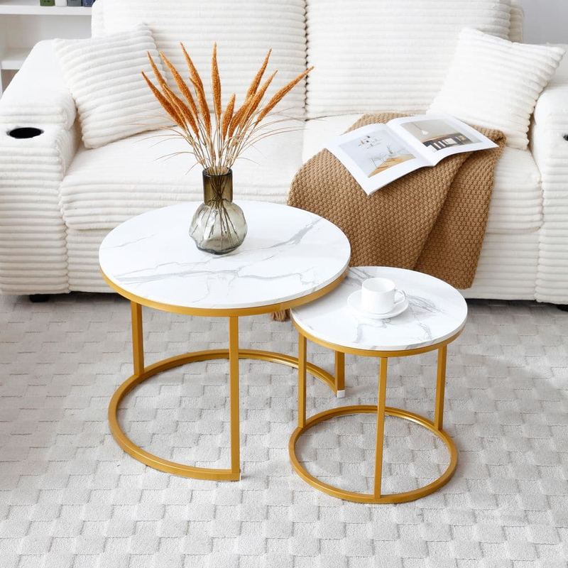 Polibi - 39.3 in. White/Gray Round MDF Coffee Table for Living Room