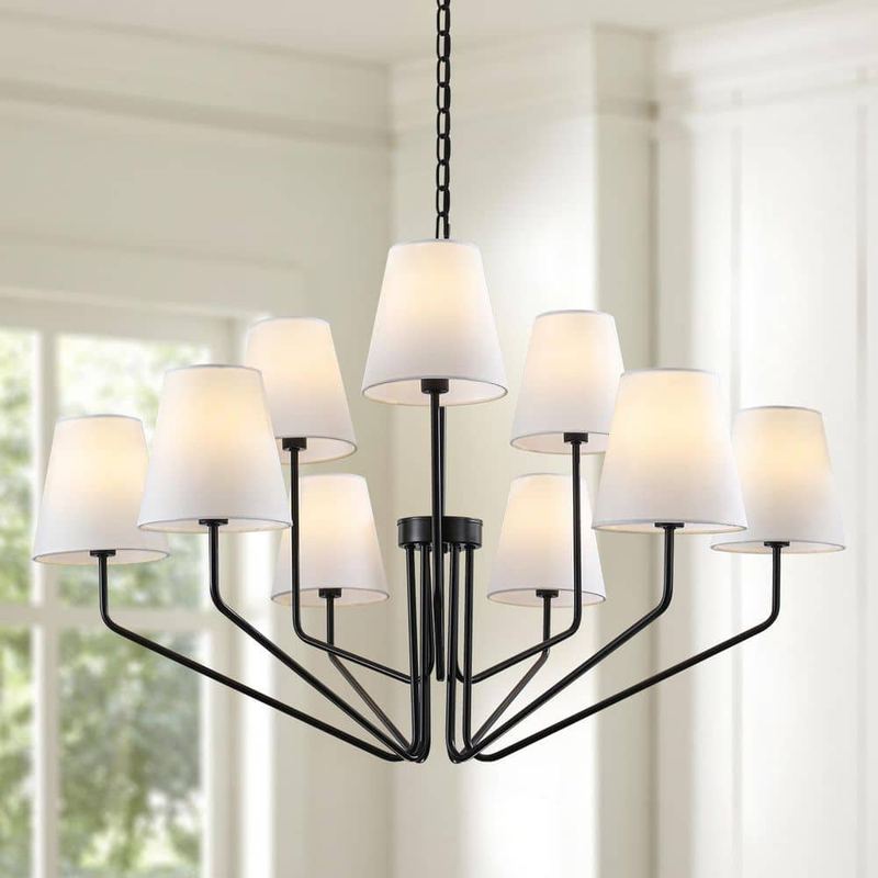 ETONIMERR - 37.4 in. 9-Light 2-Tier Black Dimmable Classic / Traditional Chandelier Farmhouse Light Fixture with Fabric Shades
