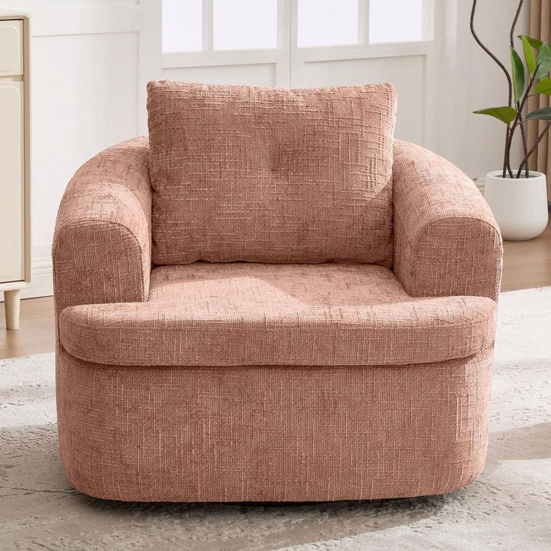 Polibi - Pink Chenille 360° Swivel Arm Chair with Dual-layer Cushion Design for Living Room, Bedroom