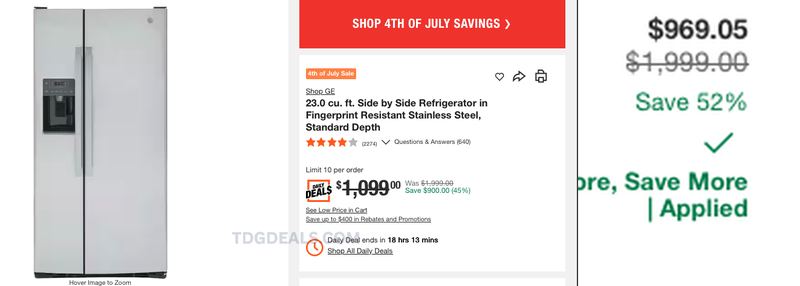 GE Side by Side Refrigerator 52% off