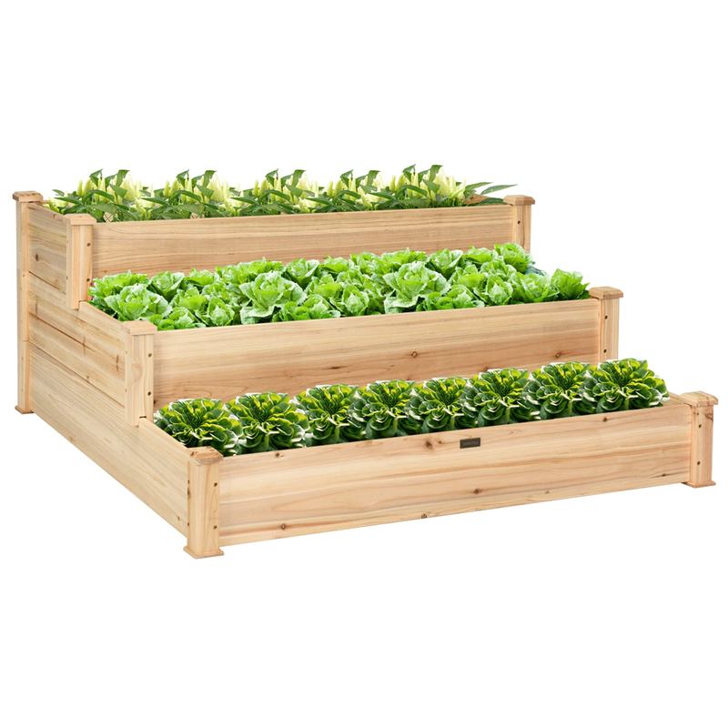 Gymax - Outdoor Garden 3 Tier Wooden Elevated Raised Vegetable Planter Gardening Kit - Natural