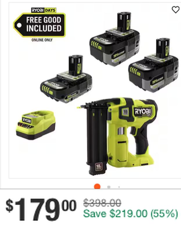 55% OFF RYOBI ONE+ BRAD NAILER KIT NOW $179
