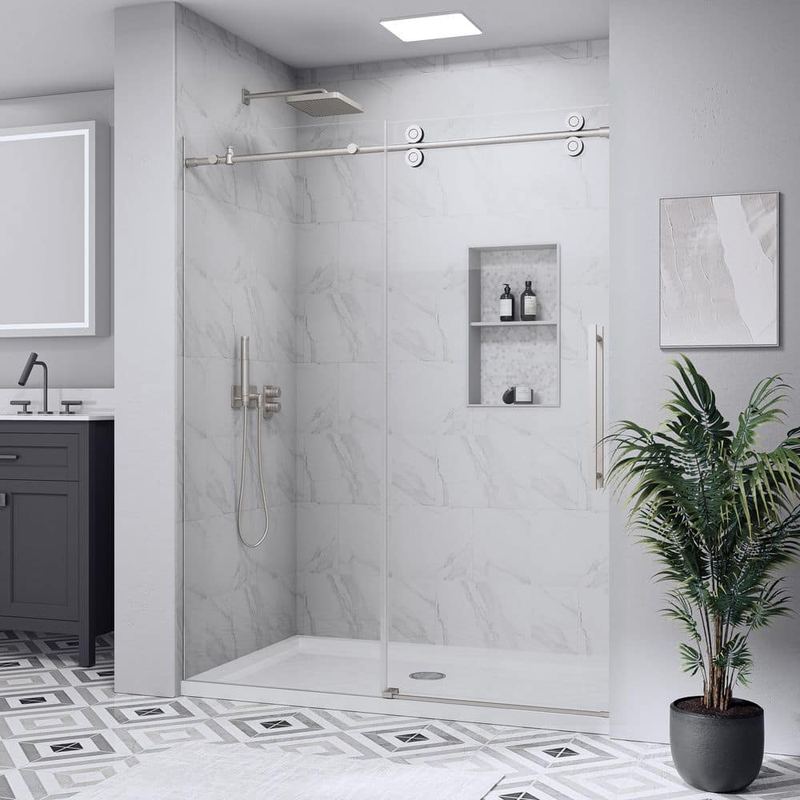 Yuaris - 40 in.-42 in. W x 74 in. H Single Sliding Frameless Shower Door in Brushed Nickel with Tempered Clear Glass