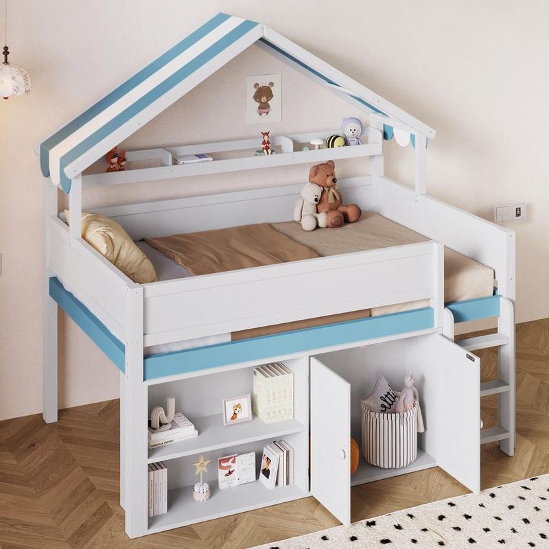 Harper & Bright Designs - White and Blue Full Size Wood Loft Bed with Canopy Roof and Storage Cabinet, Bookshelves