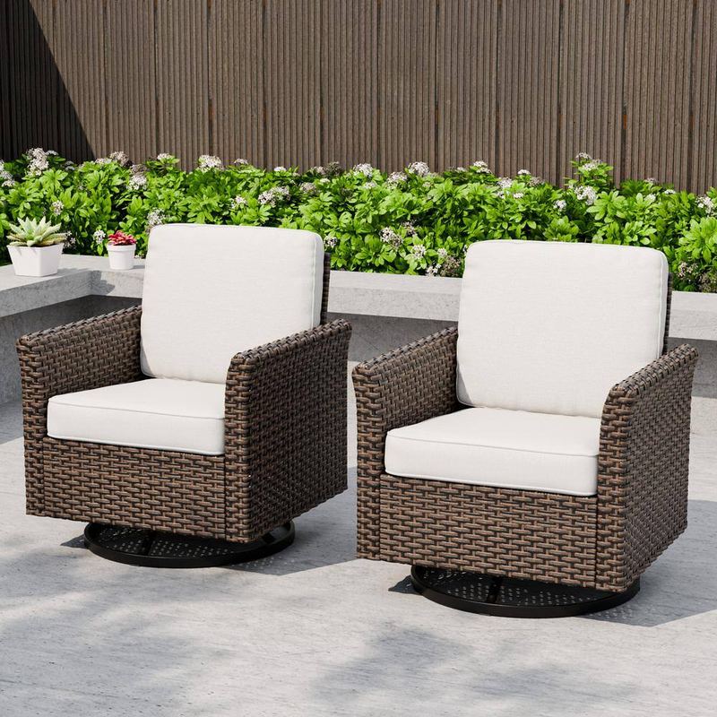 EAGLE PEAK - 2-Color Brown Wicker Outdoor Rocking Chair Patio Swivel Chair with Beige Cushions, Wide Armrest (2-Pack)