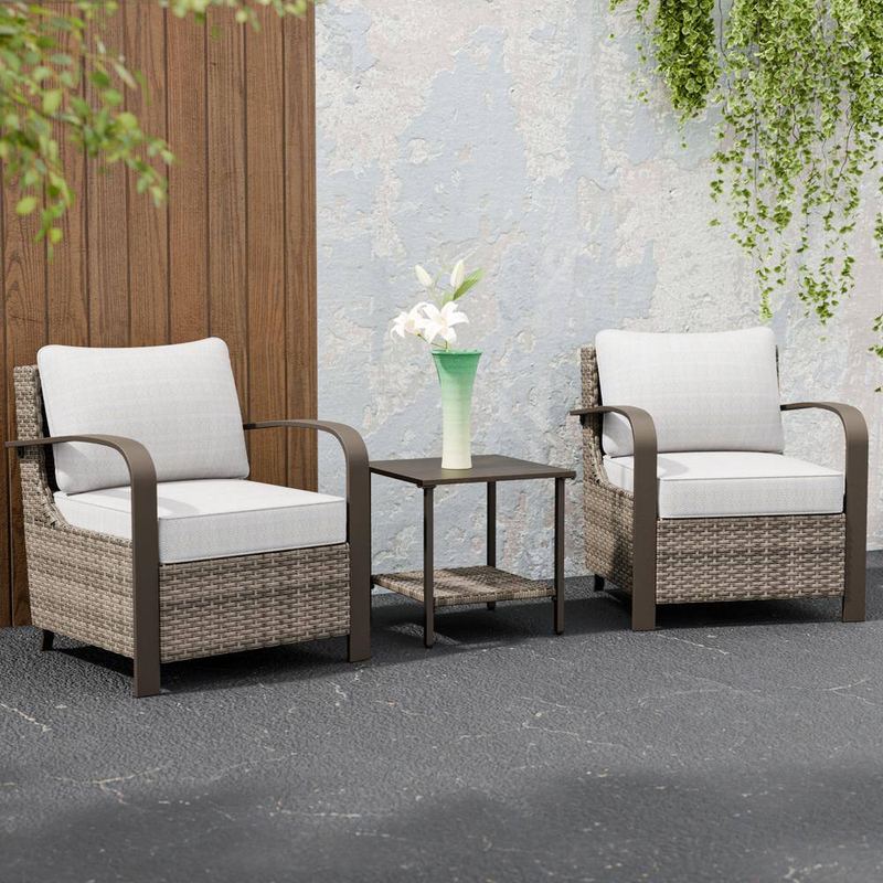 EAGLE PEAK - 3-Piece Wicker Patio Outdoor Lounge Chair Set with Beige Cushions and Side Table