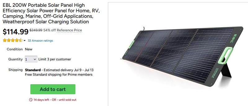 200W Portable Solar Panel for $115