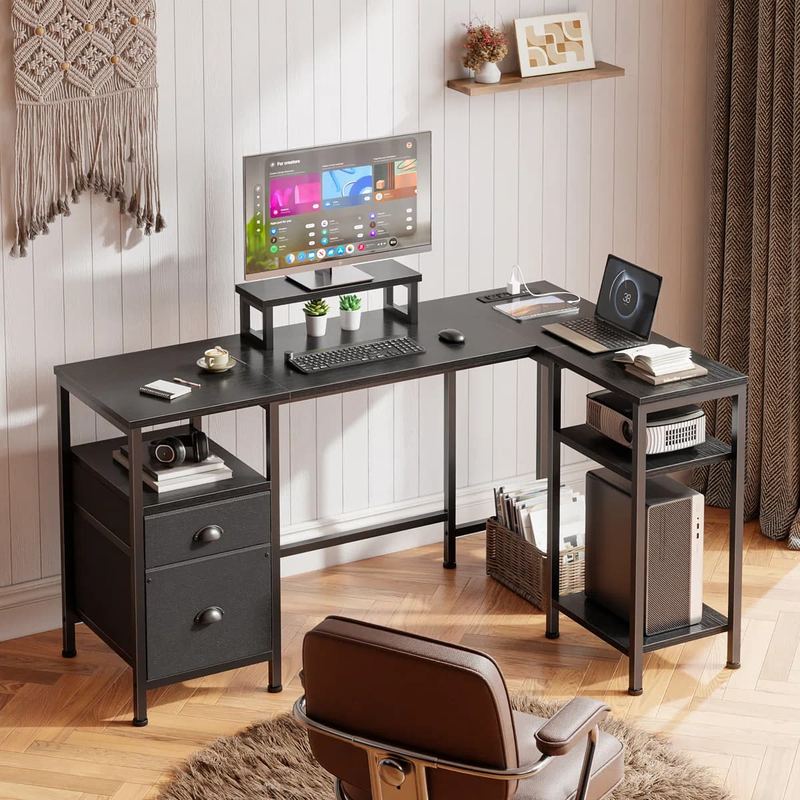 Furnulem - 50 Inch L Shaped Desk with Power Outlet Reversible Computer Desk with File Drawer and 2 Monitor Stands - Black