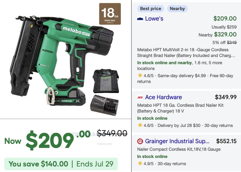 $209 METABO BRAD NAILER @ LOWE'S